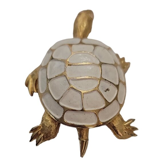 Vintage Gold Tone White Enamel Clear Rhinestone Turtle Brooch Pin E896 - Picture 1 of 8